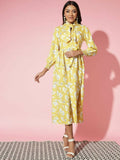Myshka Women Yellow Floral Rayon A-Line Shirt Collar Dress - Distacart