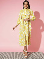 Myshka Women Yellow Floral Rayon A-Line Shirt Collar Dress - Distacart