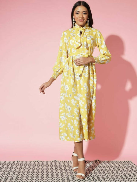 Myshka Women Yellow Floral Rayon A-Line Shirt Collar Dress
