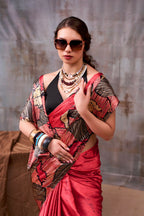 Vastranavya Red Satin Silk Printed Saree with a Natural Silk Unstitched Blouse - Distacart