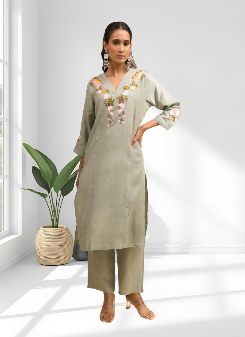Joban Fashion Pista Green Linen Embroidered Readymade Cord Set - Distacart