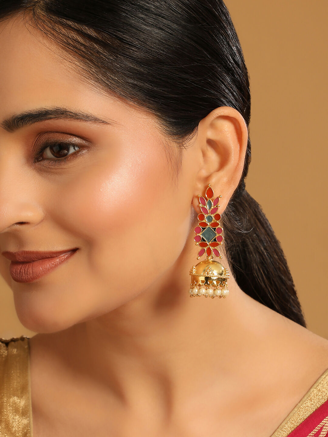 Nuyug 22K Gold-Plated Enamel & Beaded Dome Shaped Jhumka Earrings - Distacart