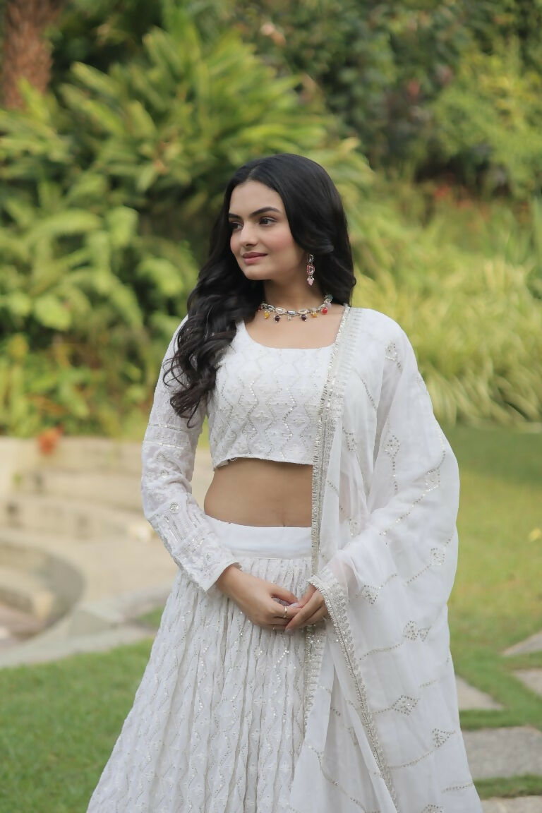 Vastranavya Faux Georgette With Sequins & Thread Embroidered Work Lehenga Choli - White
