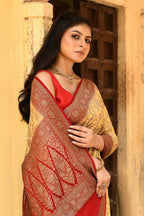 Joban Fashion Yellow Crepe Chiffon Pure Handloom Banarasi Silk Saree