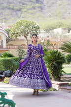 Joban Fashion Purple Viscose Jacquard Sequence Embroidery Work Kurta Set - Distacart