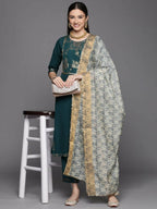 Ahalyaa Womens Dark Green Crepe Smoke Printed Kurta Pant Set With Dupatta - Distacart