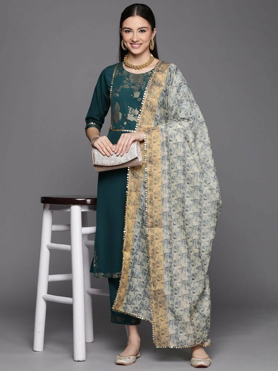 Ahalyaa Womens Dark Green Crepe Smoke Printed Kurta Pant Set With Dupatta - Distacart
