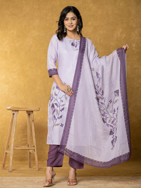 Yufta Lavender And White Linen Kurta Dupatta Pant Set