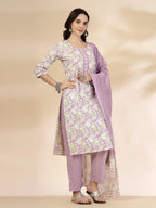 Yufta Lavender Floral Print Straight Kurta Trouser Dupatta Set