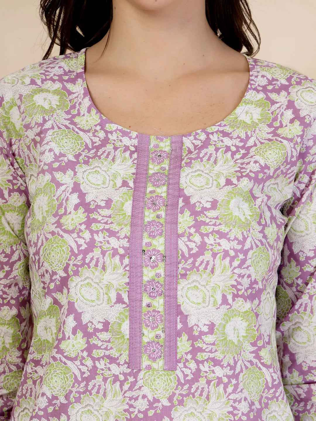 Yufta Lavender Floral Print Straight Kurta Trouser Dupatta Set
