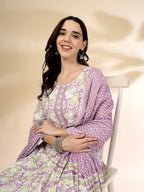 Yufta Lavender Floral Print Straight Kurta Trouser Dupatta Set