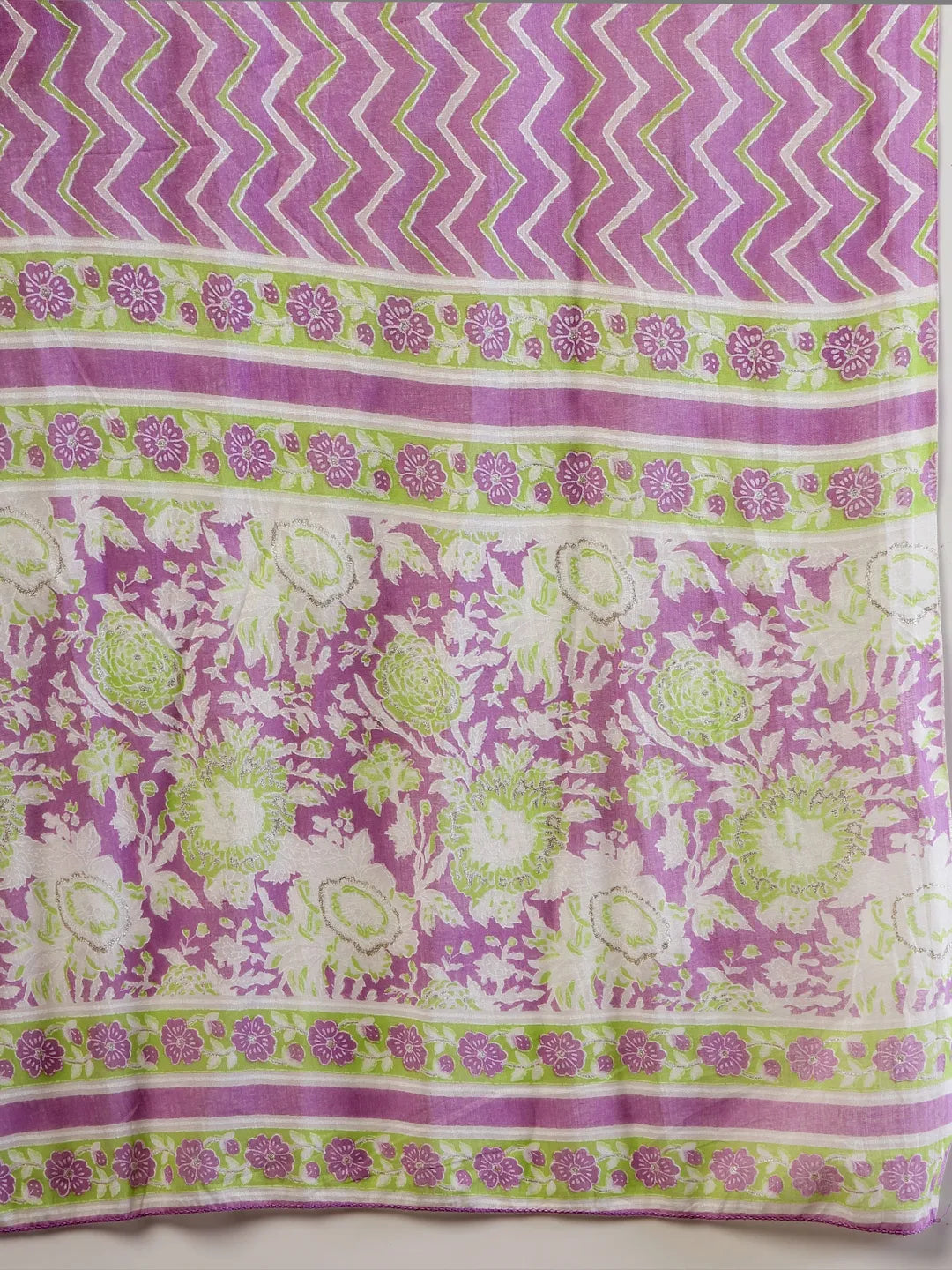 Yufta Lavender Floral Print Straight Kurta Trouser Dupatta Set
