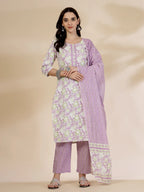 Yufta Lavender Floral Print Straight Kurta Trouser Dupatta Set