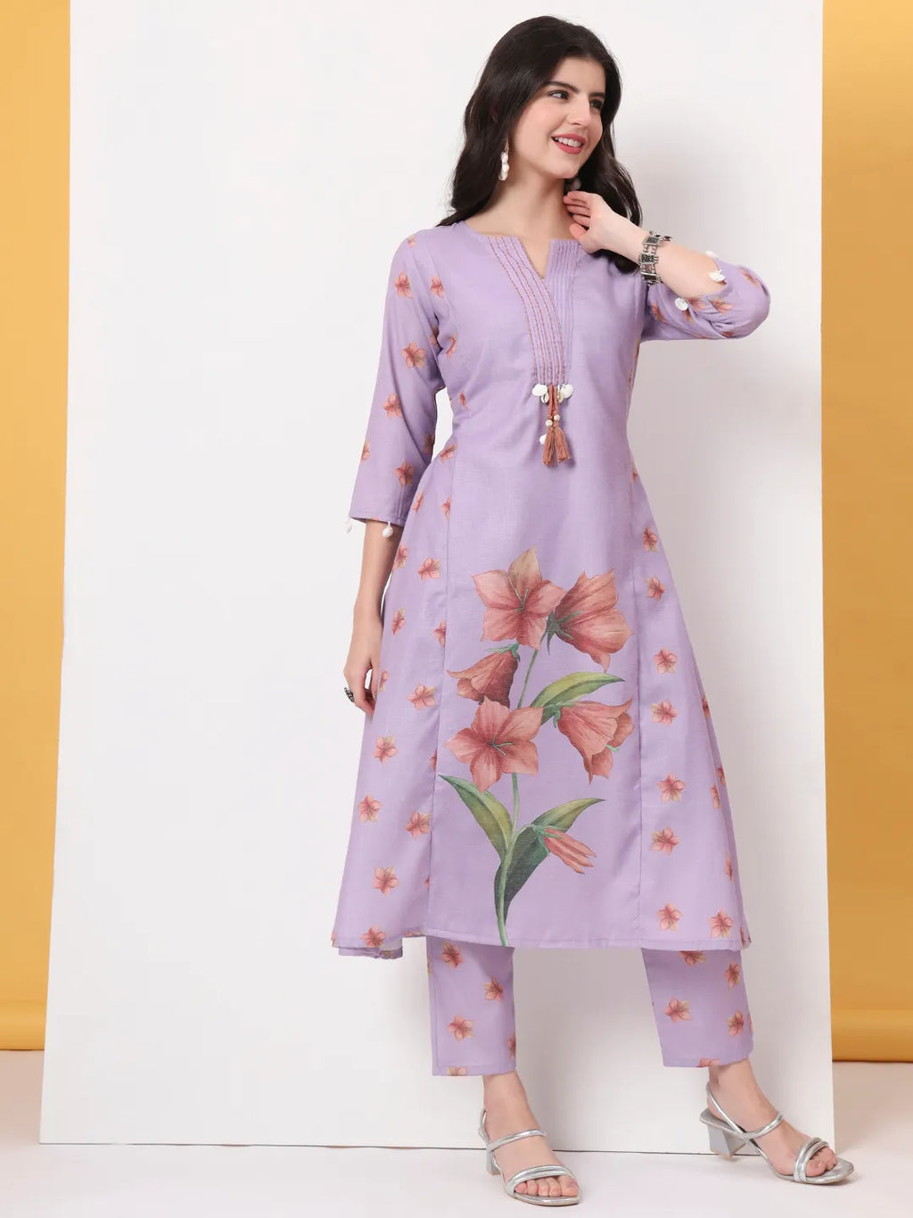 Yufta Lavender Linen Cotton A Line Kurta Dupatta Pant Set