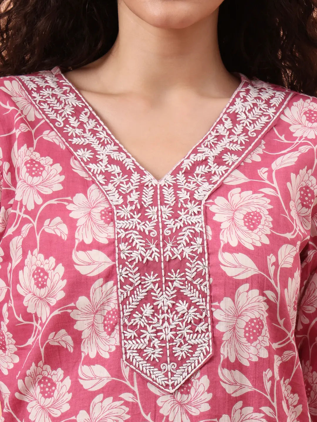 Yufta Lavender Pure Cotton Straight Floral,Kantha Work Kurta Pant Set - Distacart