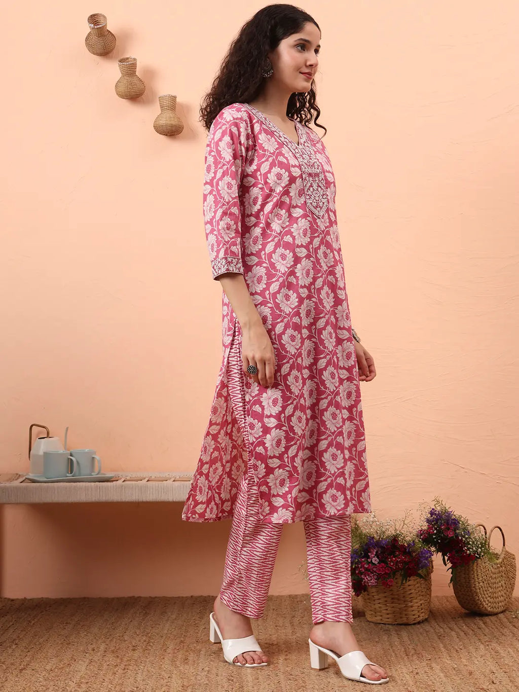 Yufta Lavender Pure Cotton Straight Floral,Kantha Work Kurta Pant Set - Distacart