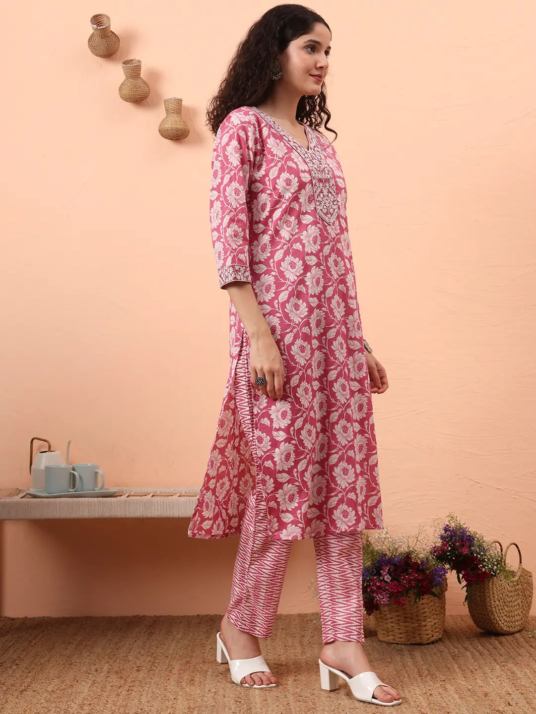 Yufta Lavender Pure Cotton Straight Floral,Kantha Work Kurta Pant Set - Distacart
