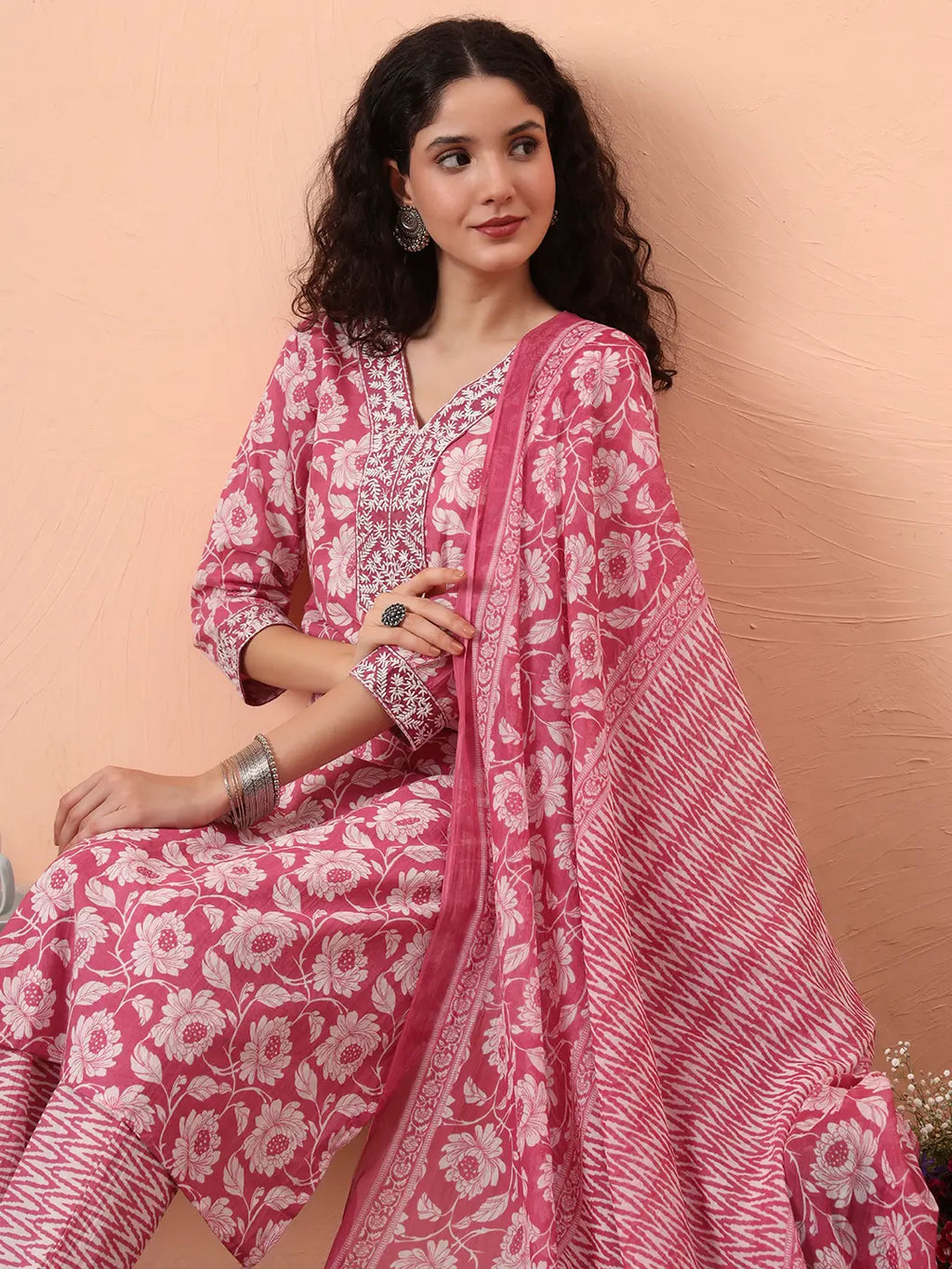 Yufta Lavender Pure Cotton Straight Floral,Kantha Work Kurta Pant Set - Distacart