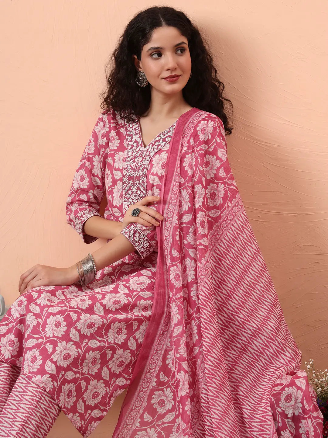 Yufta Lavender Pure Cotton Straight Floral,Kantha Work Kurta Pant Set - Distacart
