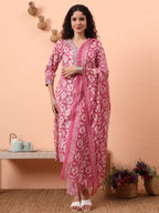 Yufta Lavender Pure Cotton Straight Floral,Kantha Work Kurta Pant Set - Distacart