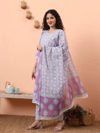 Yufta Lavender Straight Ethnic Motifs Zari Kurta Trouser Dupatta Set - Distacart