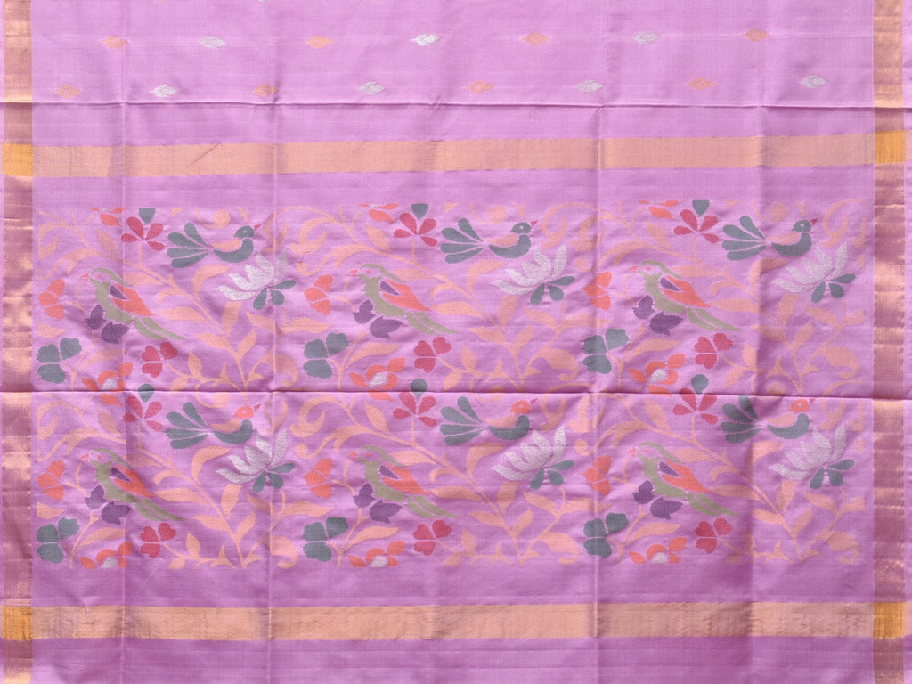 Lavender Uppada Silk Handloom Saree with Birds and Floral Pallu Design - Global Threads