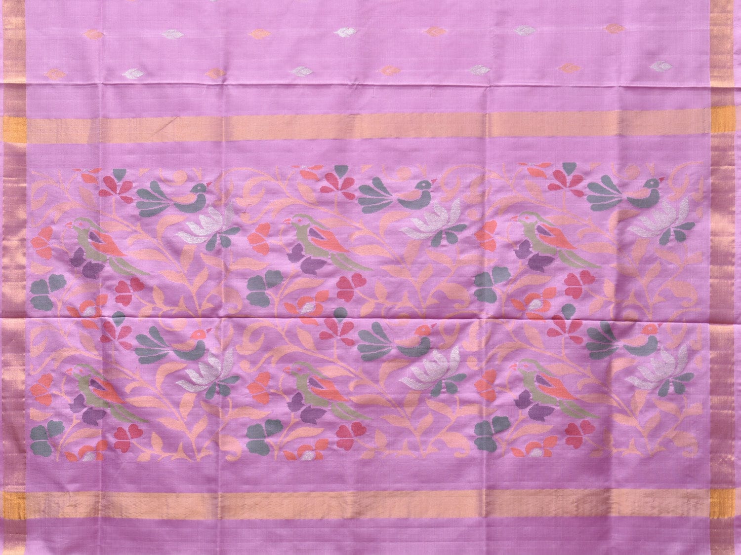 Lavender Uppada Silk Handloom Saree with Birds and Floral Pallu Design - Global Threads