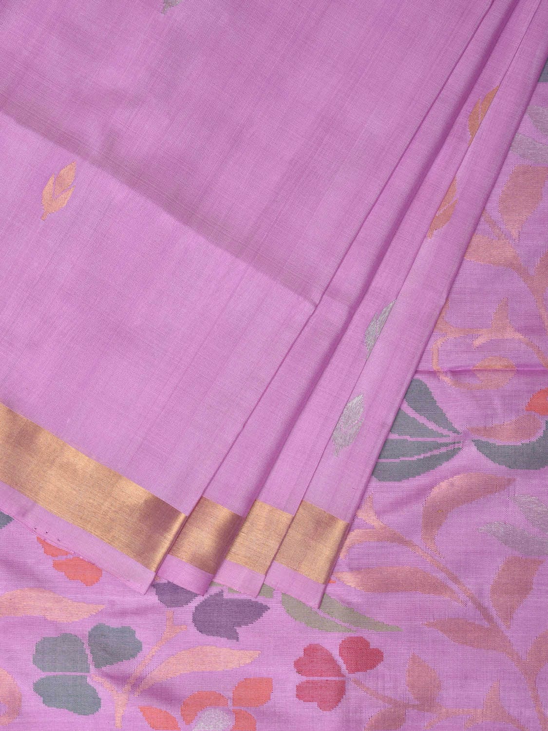 Lavender Uppada Silk Handloom Saree with Birds and Floral Pallu Design - Global Threads