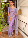 Evanik Leno Net Organza Embroidered Work Saree With Unstitched Blouse - Distacart