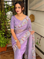 Evanik Leno Net Organza Embroidered Work Saree With Unstitched Blouse - Distacart