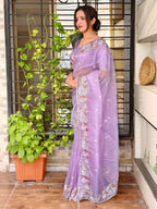 Evanik Leno Net Organza Embroidered Work Saree With Unstitched Blouse - Distacart