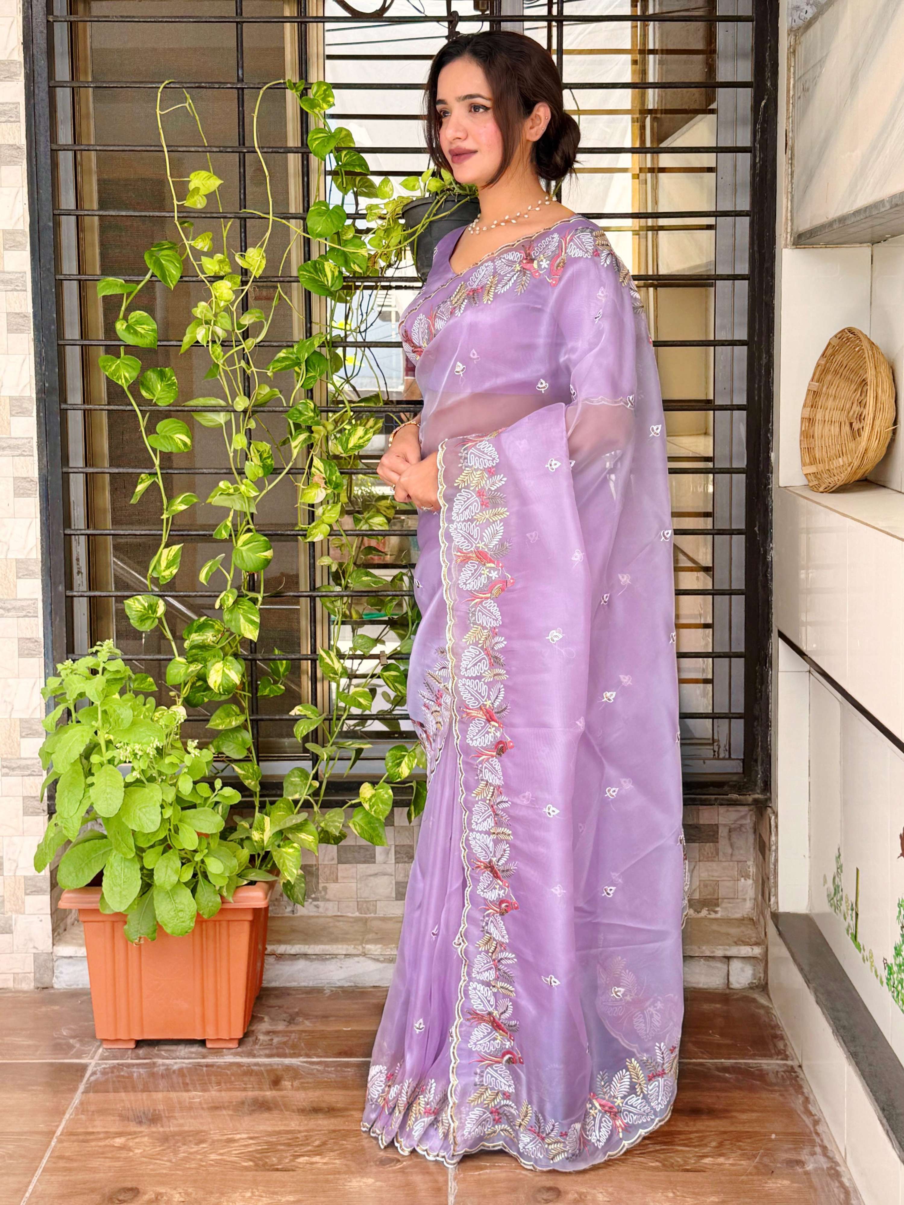 Evanik Leno Net Organza Embroidered Work Saree With Unstitched Blouse - Distacart