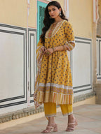 Juniper Women's Mustard Cotton Voile Floral Printed Kurta With Cambric Straight Pant And Voile Duptta - Distacart