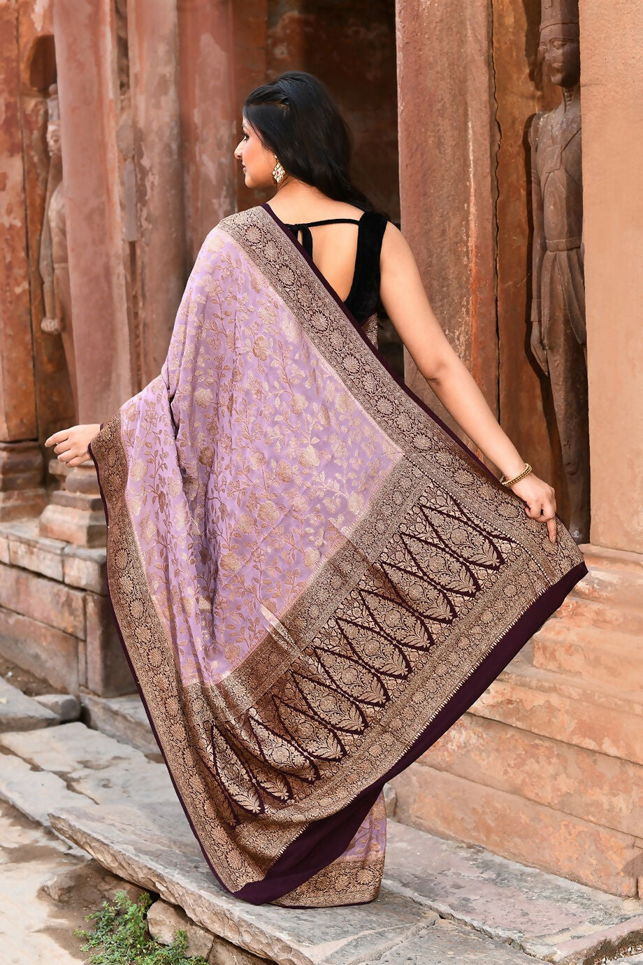 Joban Fashion Nude Pink Crepe Chiffon Pure Handloom Banarasi Silk Saree