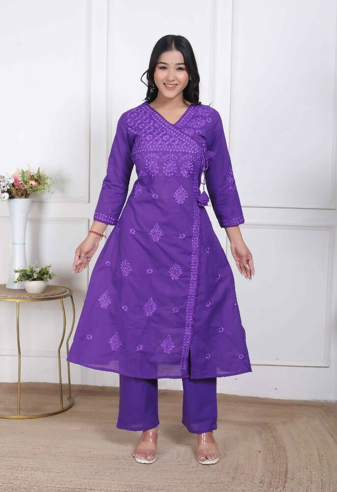 Miravan Womens Purple Floral Printed Angrakha Style Kurta With Palazzo - Distacart
