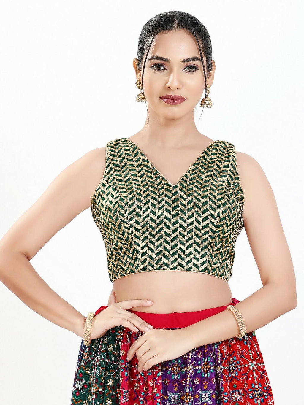 Joban Fashion Bottle Green Silk Padded Blouse With Sweetheart Neck Sleeveless - Distacart