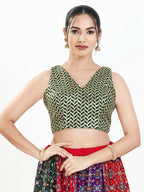 Joban Fashion Bottle Green Silk Padded Blouse With Sweetheart Neck Sleeveless - Distacart