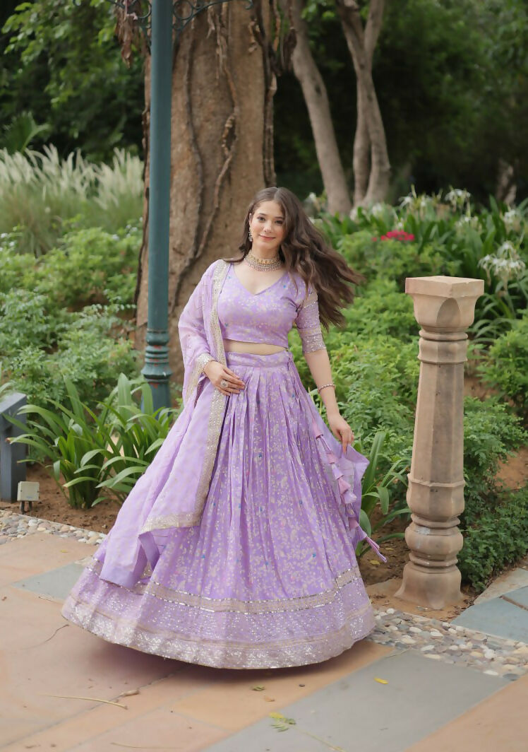 Lorenvalley Lavender Pure Viscose Jacquard with Golden Embroidered Sequins work Lehenga Choli