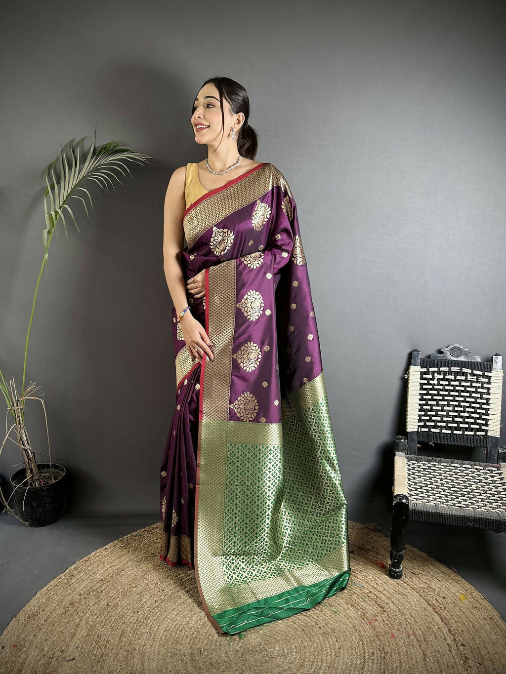 Joban Fashion Purple & Green Woven Butti Soft Silk Banarasi Silk Saree - Distacart