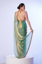 Sea Green Satin Gold Organza Solid Designer & Lace Work Saree - Samaa