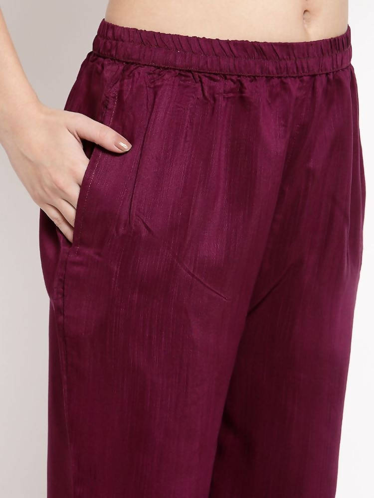 Myshka Women's burgundy Cotton Solid Half Sleeve Collar Neck Casual Kurta Pant Dupatta Set