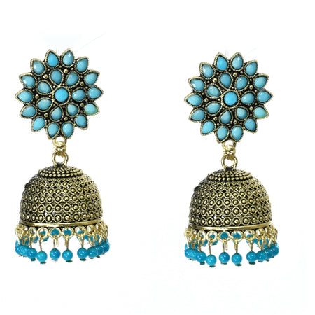 Mominos Fashion Johar Kamal Beautiful Kundan Work Jhumka With Sky Blue Beads