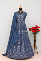 Vastranavya Teal Chikankari Embroidered Sequence Work Abaya Suit