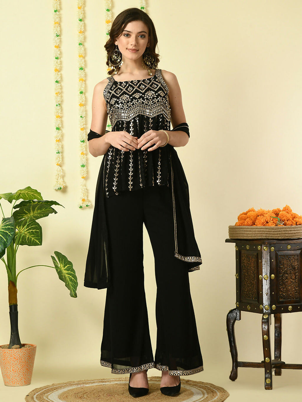 Myshka Women's Black Georgette Top & Palazzos With Dupatta Party Sets