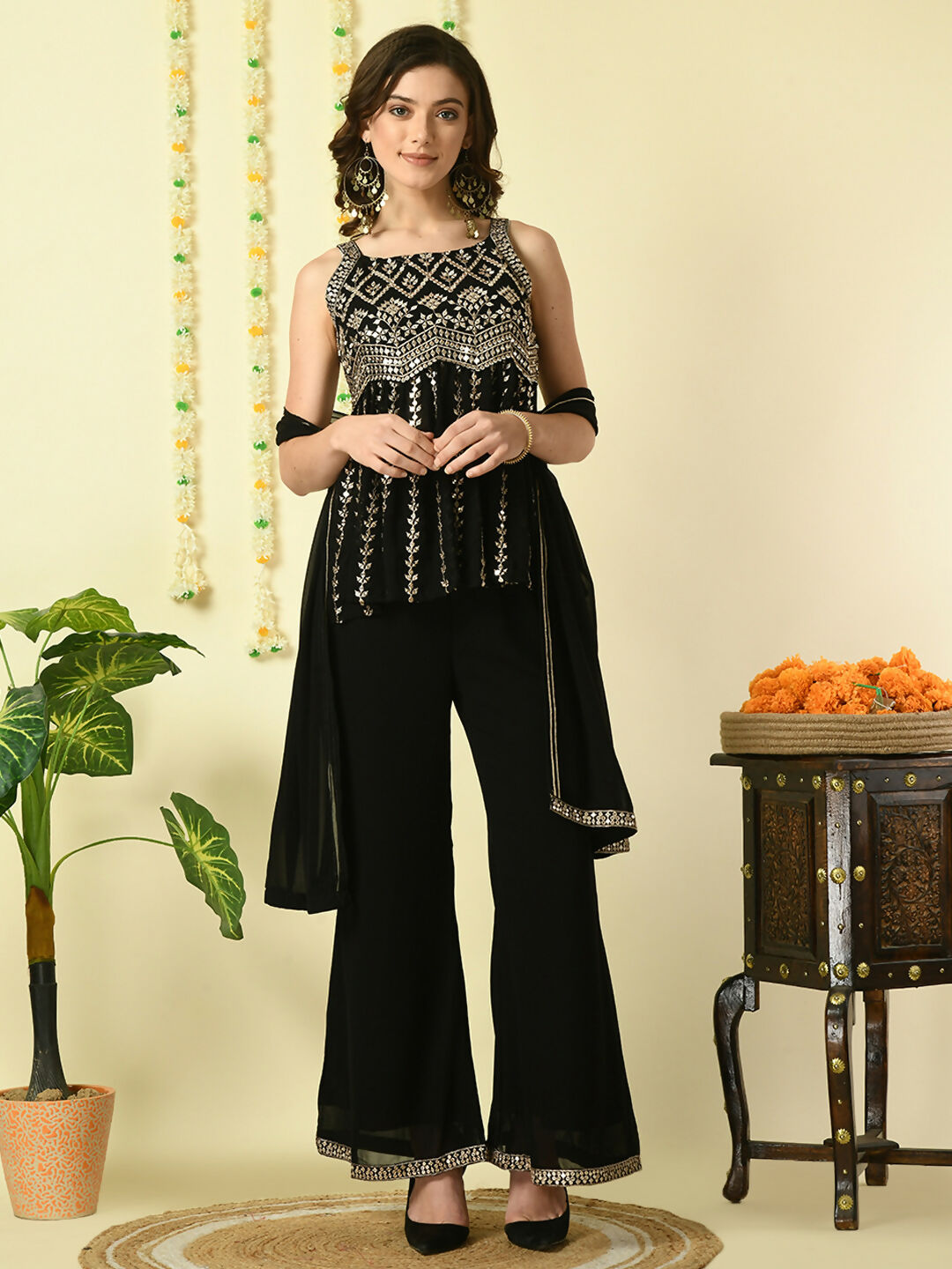 Myshka Women's Black Georgette Top & Palazzos With Dupatta Party Sets