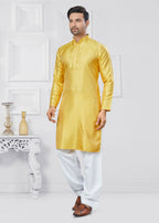 Joban Fashion Men's Jacquard Silk Yellow Printed Kurta Pyjama set