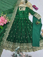 Teeya Creation Green Fendi Silk Designer Heavy Work Wedding Wear Long Gown