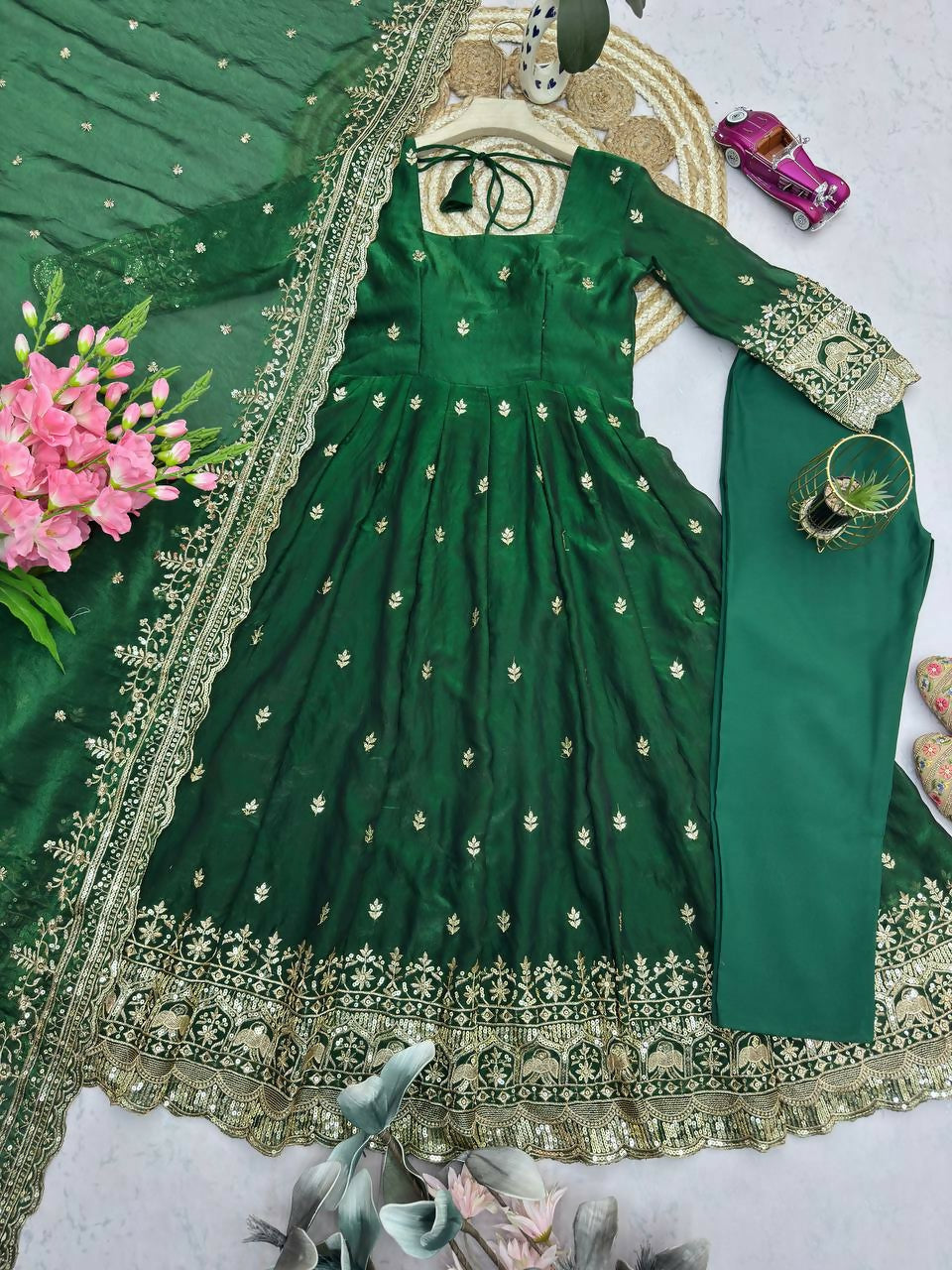 Teeya Creation Green Fendi Silk Designer Heavy Work Wedding Wear Long Gown