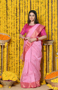 Very Much Indian Rajsi - Handloom Ari Checks Cotton Silk Saree With Golden Border - Pink