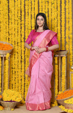 Very Much Indian Rajsi - Handloom Ari Checks Cotton Silk Saree With Golden Border - Pink